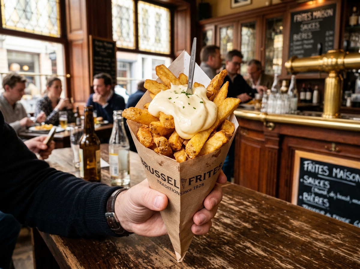 Authentic Belgian Fries in a traditional puntzak paper cone topped with Belgian mayonnaise in a brasserie