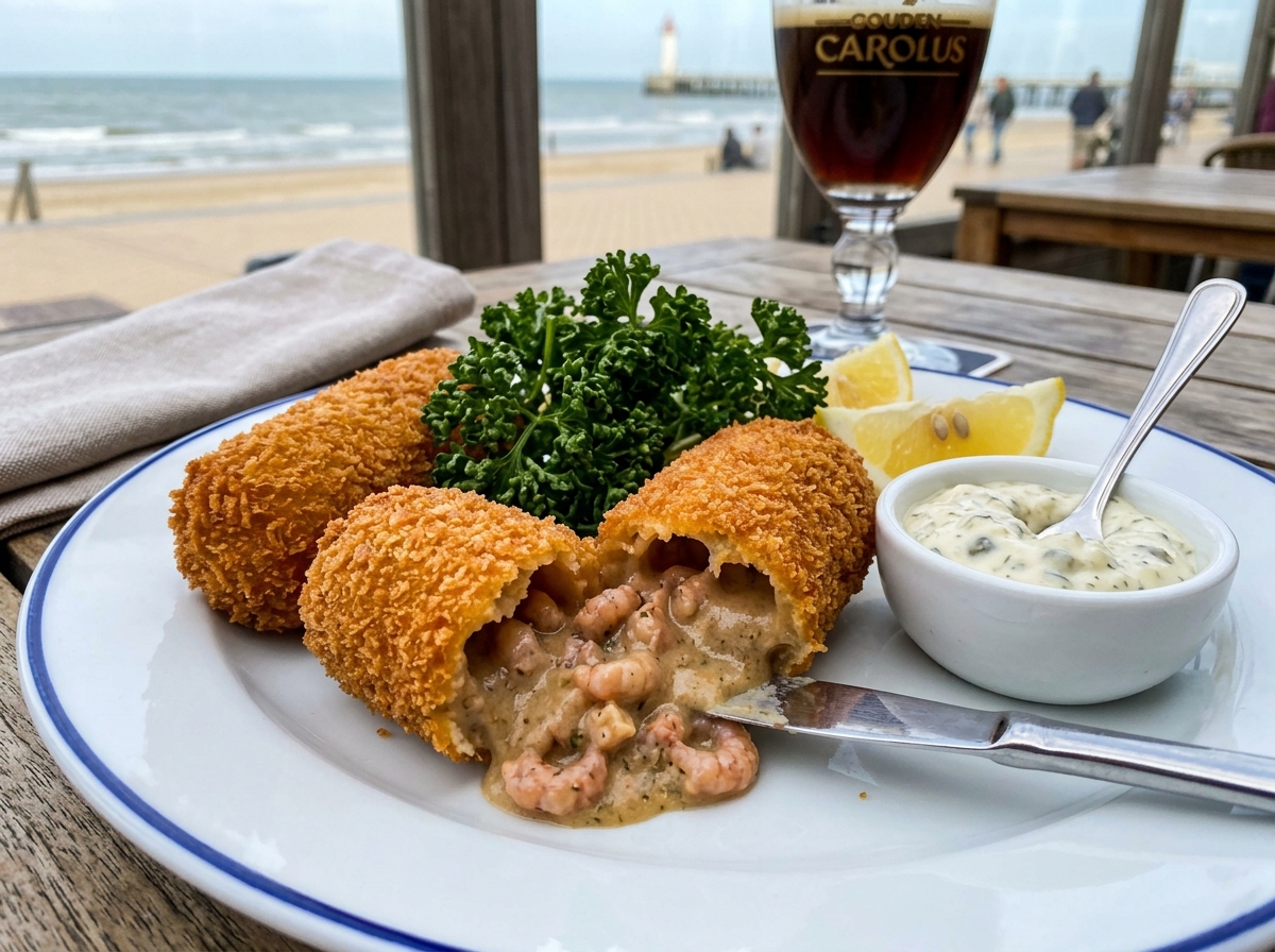 Crispy Belgian Garnaalkroketten North Sea grey shrimp croquettes with fried parsley