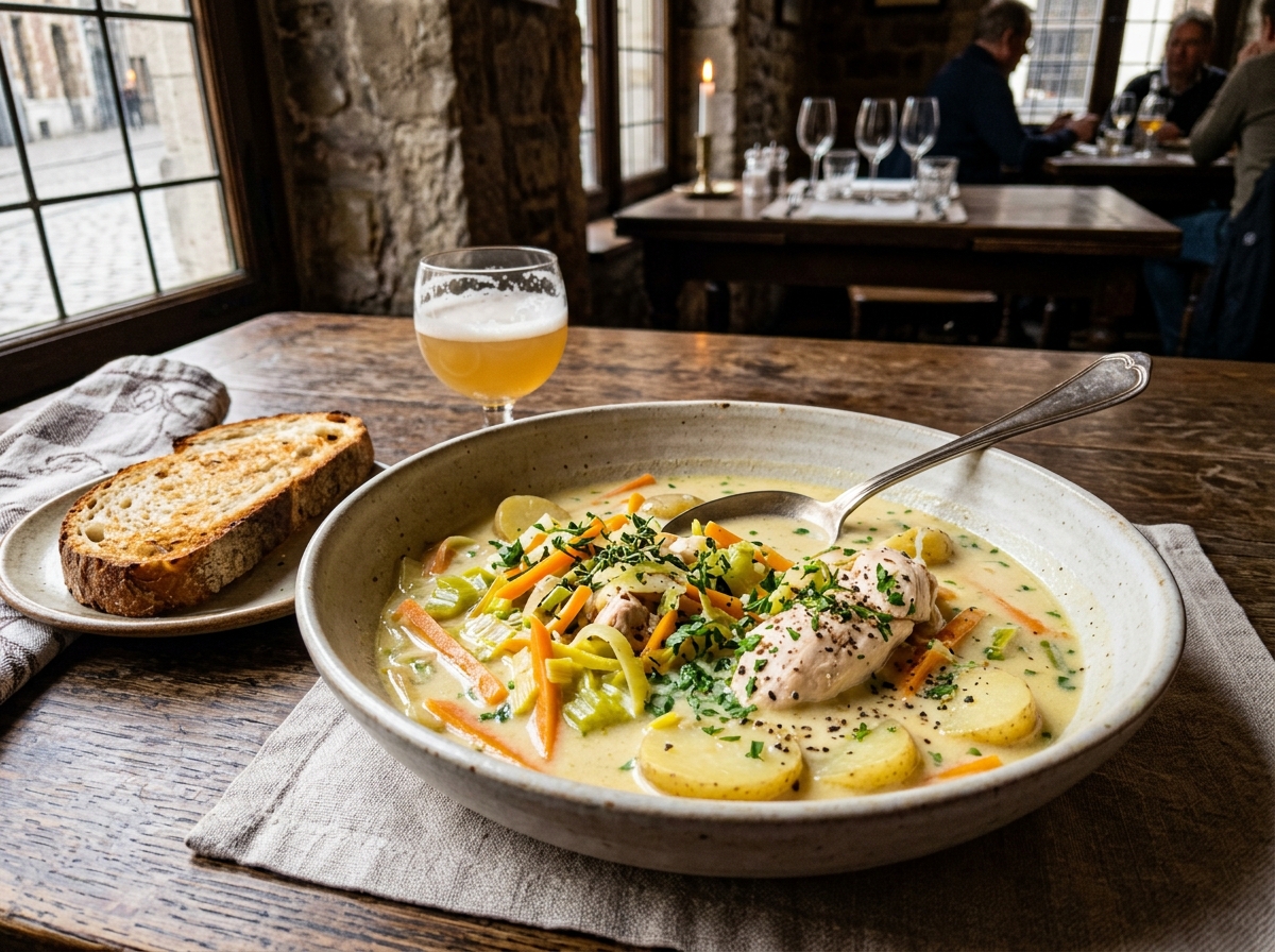 Gentse Waterzooi creamy poached chicken and julienned root vegetable soup