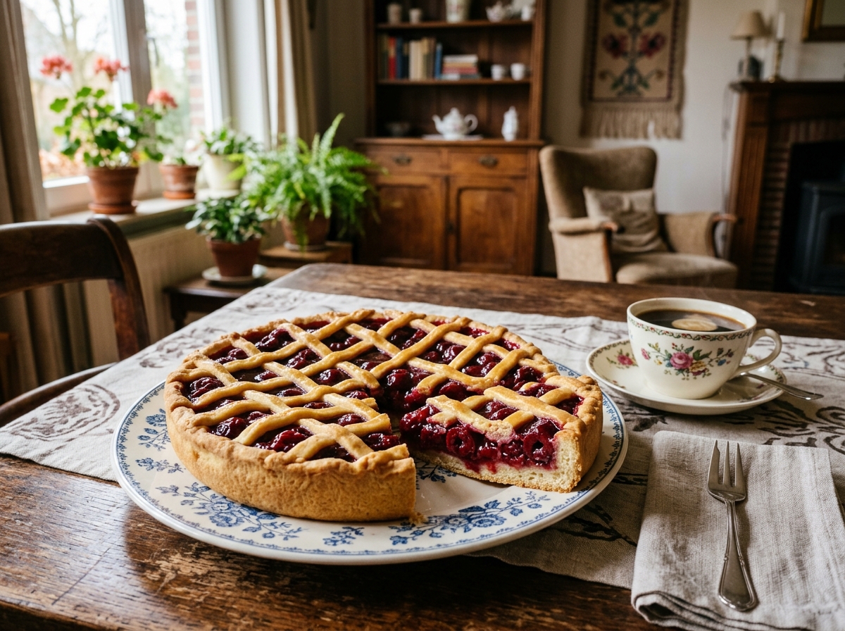 Authentic Limburgse Kersenvlaai cherry pie with lattice dough crust