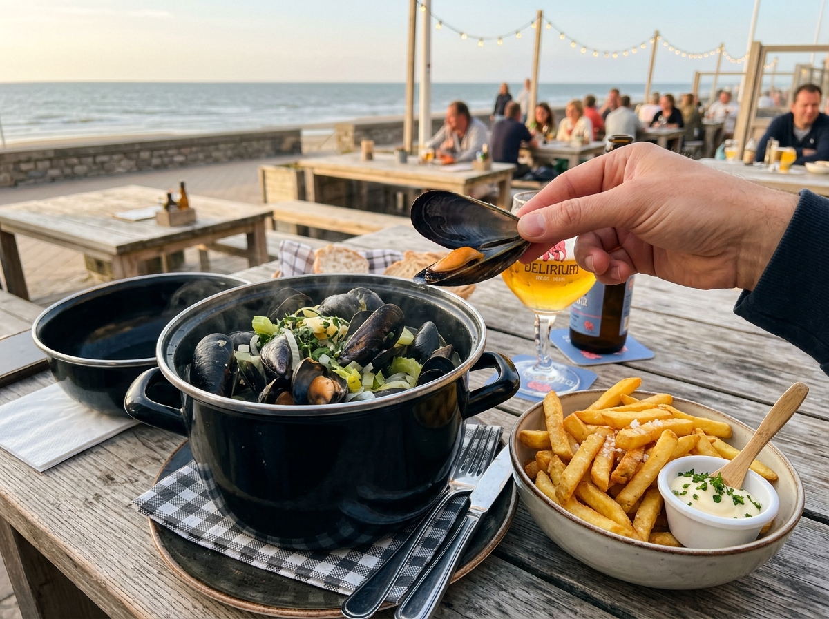Mosselen-Friet (Moules-Frites) steaming in a black enamel pot with fries and Delirium beer
