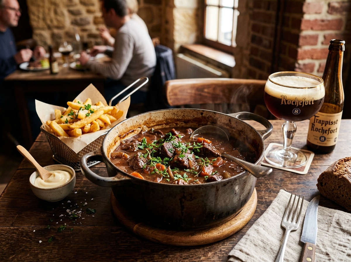Authentic Belgian Stoofvlees / Stoverij (Carbonnade Flamande) slow-cooked with Belgian abbey beer and fries