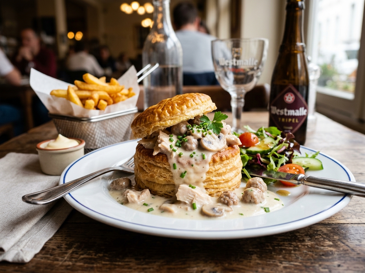 Traditional Koninginnehapje (Vol-au-vent) with puff pastry crown, chicken velouté, mushrooms, and meatballs