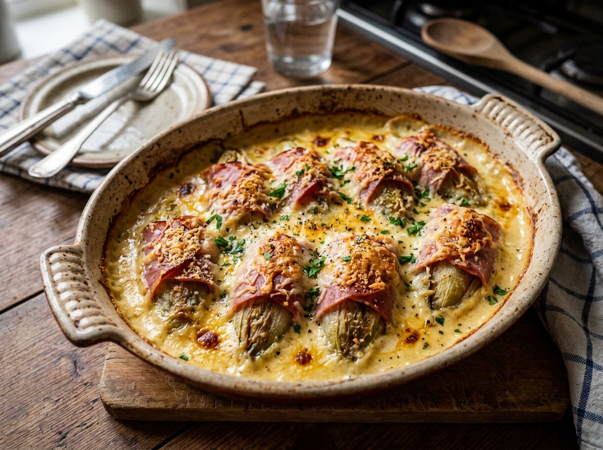 Witloof in de oven (Chicons au Gratin) braised endives wrapped in ham with Mornay cheese